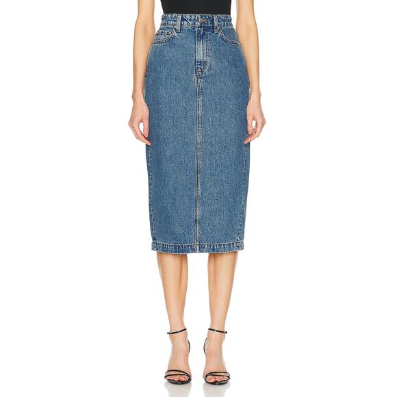 Grlfrnd 'Robin' Blue Cotton Midi Pencil Skirt Size 28 - Picture 1 of 5